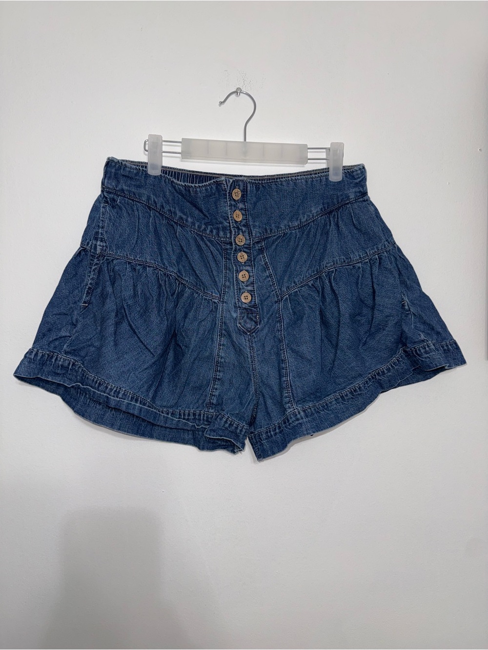 We The Free Denim High-Waist Button-Front Ruffle Shorts - Blue